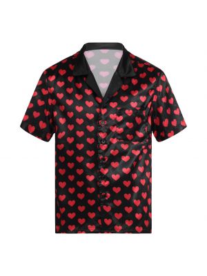 iEFiEL Mens Satin Contrast Color Heart Printing Pajama Tops Sleepwear Short Sleeve Button Down Shirt Homewear