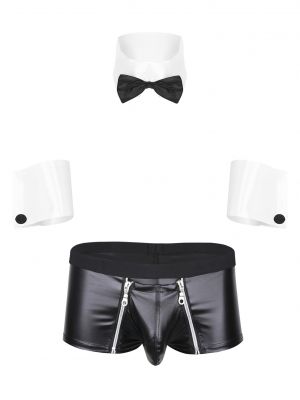 iEFiEL Mens Club Costume Role Play Outfit Collar Cuffs with Faux Leather Bulge Pouch Boxer Briefs Lingerie Set 