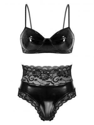iEFiEL Womens Wet Look Patent Leather Lingerie Set Wire-free Unlined Bra Tops with Floral Lace Trimming Briefs 