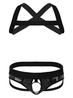 iEFiEL Mens Lingerie Set X-Shape Back Elastic Shoulder Chest Harness Belt with O-Ring Patent Leather G-string Clubwear 