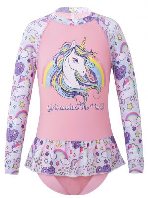 iEFiEL Kids Girls Long Sleeve One-piece Swimming Jumpsuit Colorful Cartoon Horse Print Ruffle Trim Swimsuit