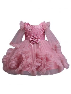 iEFiEL Baby Girls Ruched Ruffle Tulle Dress Flare Long Sleeve Puffy Party Dress for Birthday Baptism