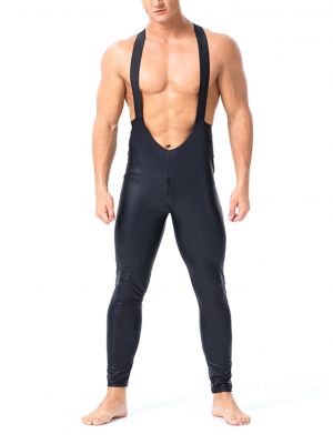 iEFiEL Mens Faux Leather Two-way Zipper Crotch  Jumpsuit Suspender Bodysuit Club Stage Performance Costume