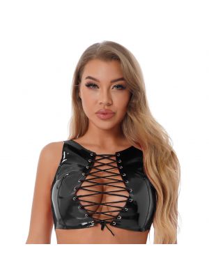 iEFiEL Womens Glossy Hollow Out Lace-up Tank Top Patent Leather Crop Tops Vest Club Performance Costume