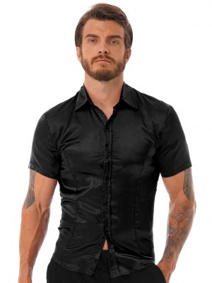 iEFiEL Mens Glossy Silky Satin Shirt Short Sleeve Button Down Solid Color Shirt for Office Party