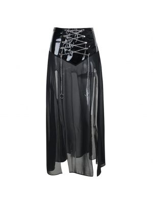 iEFiEL Womens Zipper Back Split See-through Skirt Metal Chain Patent Leather Patchwork Skirt Clubwear 