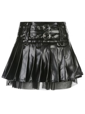 iEFiEL Womens Fashion Faux Leather Pleated A-Line Mini Skirt Double Belt Buckle Mesh Layer Patchwork Miniskirt Clubwear 