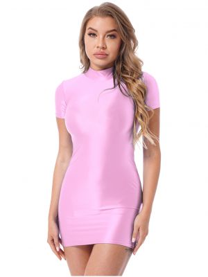 iEFiEL Womens Glossy Short Sleeve Bodycon Dress Mini Slim Fit Dress Clubwear