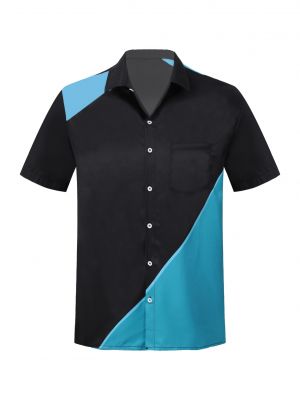 iEFiEL Mens Casual Short Sleeve Button Bowling Shirt Fashion Color Block Turn-down Collar Tops with Pocket
