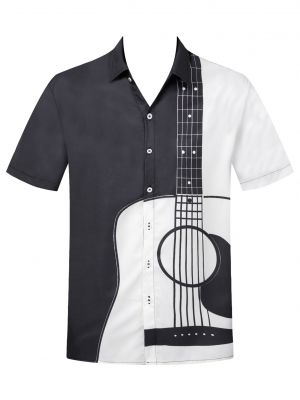 iEFiEL Mens Stylish Guitar Printing Short Sleeve Tops Vacation Casual Button Down Shirt