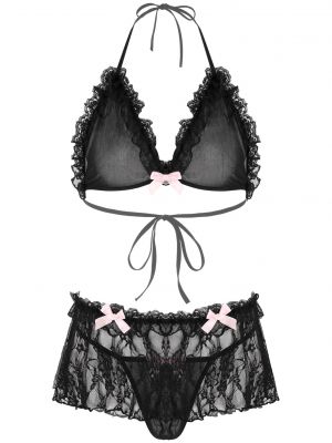 iEFiEL Mens Sissy 3Pcs Lingerie Set Nightwear Outfit See-through Mesh Unlined Bra Top with Thong Floral Lace Miniskirt