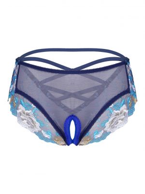 iEFiEL Womens Flower Embroidery Crotchless Panties See-through Mesh Back Crisscross Briefs
