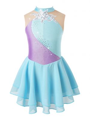 iEFiEL Kids Girls Shiny Rhinestone Sequins Floral Patchwork Skating Dance Dress
