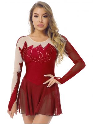 iEFiEL Womens Shiny Rhinestone Color Block Dance Dress Long Sleeve Ruffle Dresses Figure Skating Dancewear