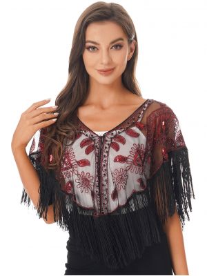 iEFiEL Womens Vintage Beaded Sequin Shawl with Tassels Mesh Short Cape Cover up for 1920s Party Cocktail