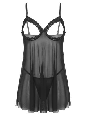 Women Sheer Mesh Lace Trim Open Cup Babydolls Tank Dress with G-string Nightwear