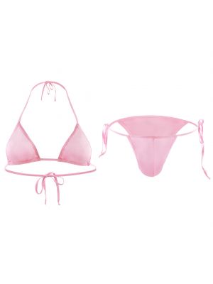 iEFiEL Mens Sissy Bikini Set 2pcs Solid Color Swimsuit Halter Lace-up Bra with Thongs Lingerie Set