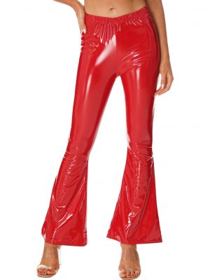 iEFiEL Womens Glossy Patent Leather Flared Pants Fashion High Waist Bell-Bottomed Trousers Clubwear 