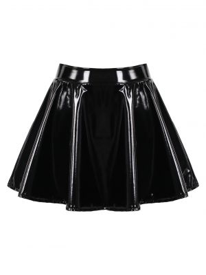 iEFiEL Womens Glossy Patent Leather Flared Skirt A-Line Mini Skirt for Club Dance Performance 