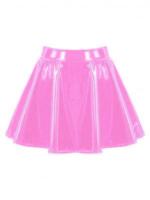 iEFiEL Womens Glossy Patent Leather Flared Skirt A-Line Mini Skirt for Club Dance Performance 