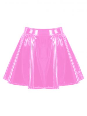 iEFiEL Womens Glossy Patent Leather Flared Skirt A-Line Mini Skirt for Club Dance Performance 