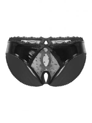 iEFiEL Womens Sexy Sheer Lace Patchwork Open Crotch Briefs Glossy Patent Leather Thongs Panties Lingerie