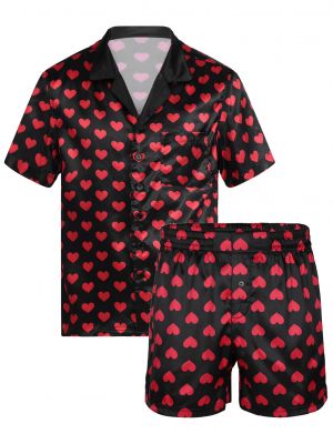 iEFiEL Mens Contrast Color Heart Printing Satin Pajama Set Sleepwear Homewear Button Down Shirt Tops with Boxer Shorts