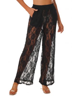 iEFiEL Womens See-Through Lace Loose Pants Beach Swimsuit Cover Ups Bottoms Wide-Leg Trousers