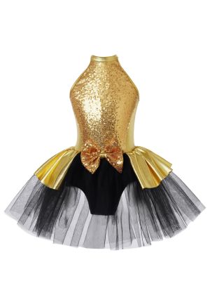iEFiEL Girls Sleeveless Sparkling Sequins Dancewear Bowknot Hollow Back Tutu Mesh Dance Dress