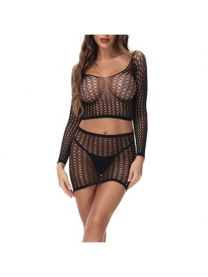 iEFiEL Womens Hollow Out Lingerie Set Two-piece Outfit Suit Long Sleeve Crop Top with Mini Skirt Nightwear 