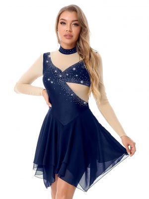 iEFiEL Womens Sparkling Rhinestone Dance Dress Mesh Patchwork Long Sleeve Figure Skating Outfit