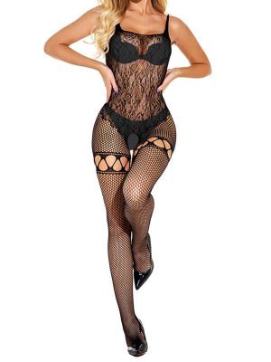 iEFiEL Womens Hollow Out Fishnet Crotchless Bodystocking See-through Bodysuit Lingerie