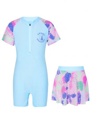 iEFiEL Girls Cartoon Graffiti Print Short Swimming Jumpsuit Short Sleeve Patchwork Swimwear with Skirt 