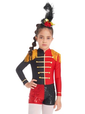 iEFiEL Kids Girls Circus Cosplay Performance Halloween Party Costume Tassels Sequins Golden Buttons Adorned Jumpsuit Bodysuit