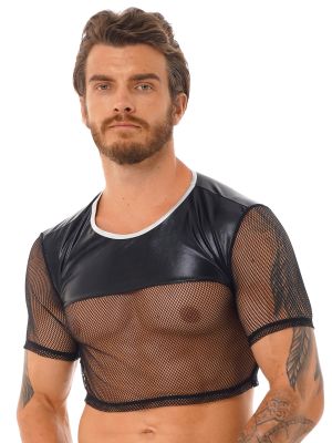 iEFiEL Mens Breathable See-through Crop Top Short Sleeve Patchwork T-shirt for Gym Workout