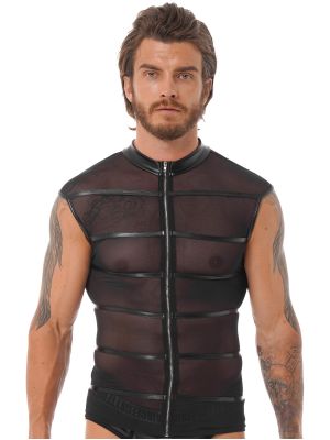 iEFiEL Mens Faux Leather See-through Mesh T-shirt Stripe Zippered Tops Club Dance Performance Costume