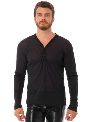 iEFiEL Mens V Neck Button T-shirt Casual Semi See-Through Long Sleeve Tops