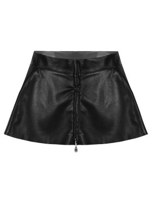 iEFiEL Womens PU Leather Ruffle Mini Skirt Zipper A-line Skirt for Party Club Music Festival
