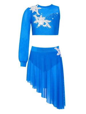 iEFiEL Big Girls Dance Clothes Set Mesh Sequins Flower Rhinestone Decor Crop Top with Skirt