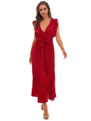 iEFiEL Womens Vintage Pleated Party Maxi Dress Wrap V Neck Sleeveless Loose Dress with Self-Tie Sash