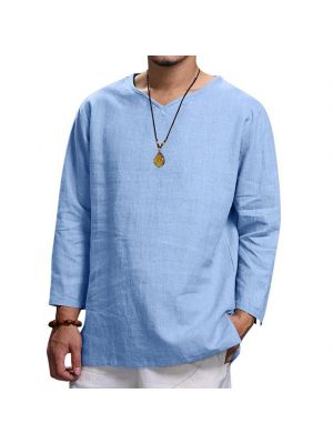 iEFiEL Mens Casual V Neck Long Sleeve Shirt Holiday Beach Solid Color T-shirt Tops