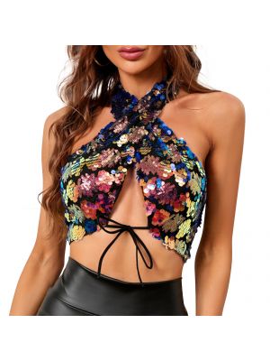 iEFiEL Womens Sparkling Sequins Backless Camisole Halter Lace-Up Crop Top Clubwear