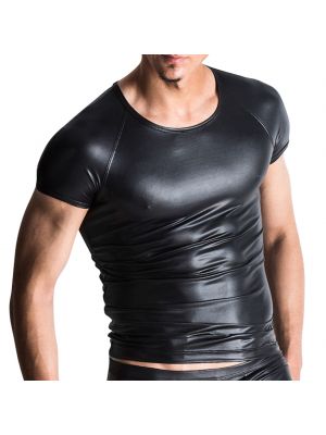 iEFiEL Mens Faux Leather T-Shirt Short Sleeve Tops for Party Club Dance Performance