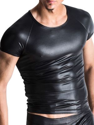 iEFiEL Mens Faux Leather T-Shirt Short Sleeve Tops for Party Club Dance Performance