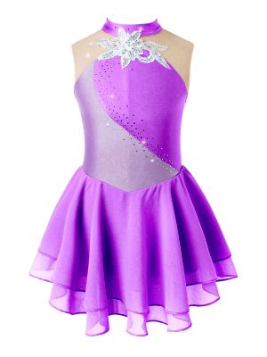 iEFiEL Girls Shiny Rhinestone Sequins Skating Costume Floral Decorated Patchwork Dance Dress