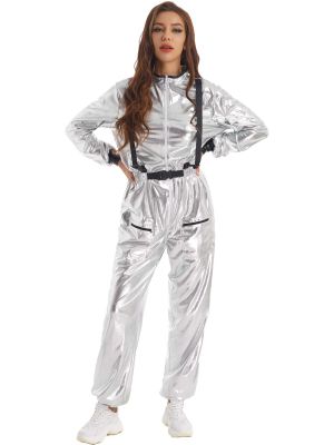 iEFiEL Mens Astronaut Halloween Role Play Costume Outfit Metallic Long Sleeve Jumpsuit