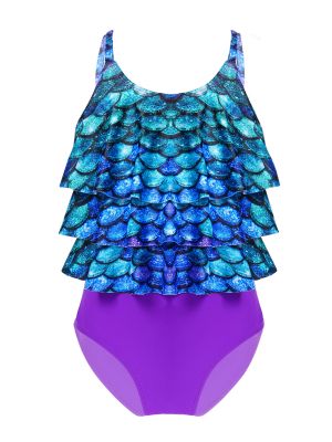 iEFiEL Kids Girls Scales Print One-piece Swimsuit Sleeveless Ruffle Trim Swimming Jumpsuit Beachwear