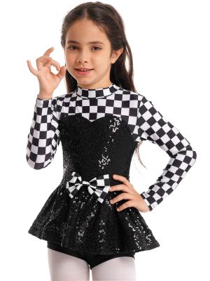 iEFiEL Girls Racer Costume Long Sleeve Sequins Checkerboard Printed Bowknot Bodysuit for Halloween Cosplay Dress Up Performance