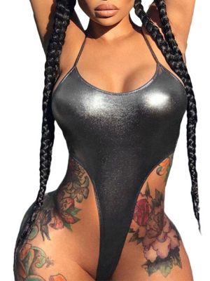 iEFiEL Womens Metallic High Cut Bodysuit Glossy Spaghetti Strap Catsuit Pool Party Swimwear