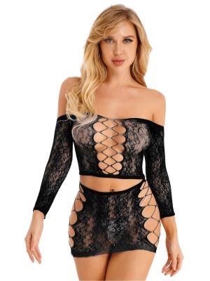 iEFiEL Womens Hollow Out Fishnet Outfit Nightwear See-through Off Shoulder Crop Top with Mini Skirt